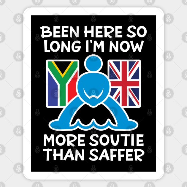 Now More Soutie Than Saffer - Funny design showing the flags of South Africa and the United Kingdom with a pictogram soutie straddling the water between the two. Sticker by RobiMerch